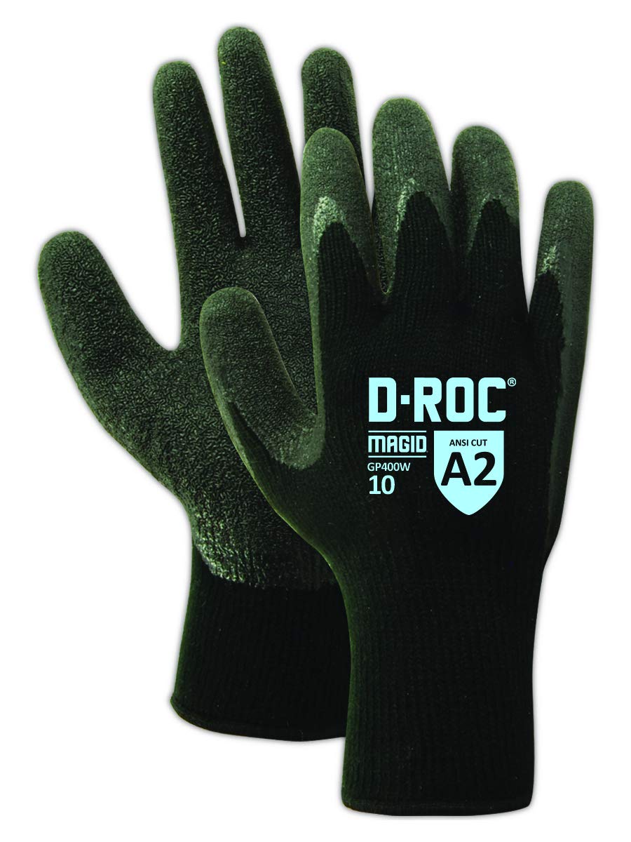 MAGID Level A2 Guantes de trabajo de invierno resistentes a los cortes, multiusos, 3 PR, revestimiento de látex resistente, talla 10/XL, reutilizables, calibre 10 (GP400W)