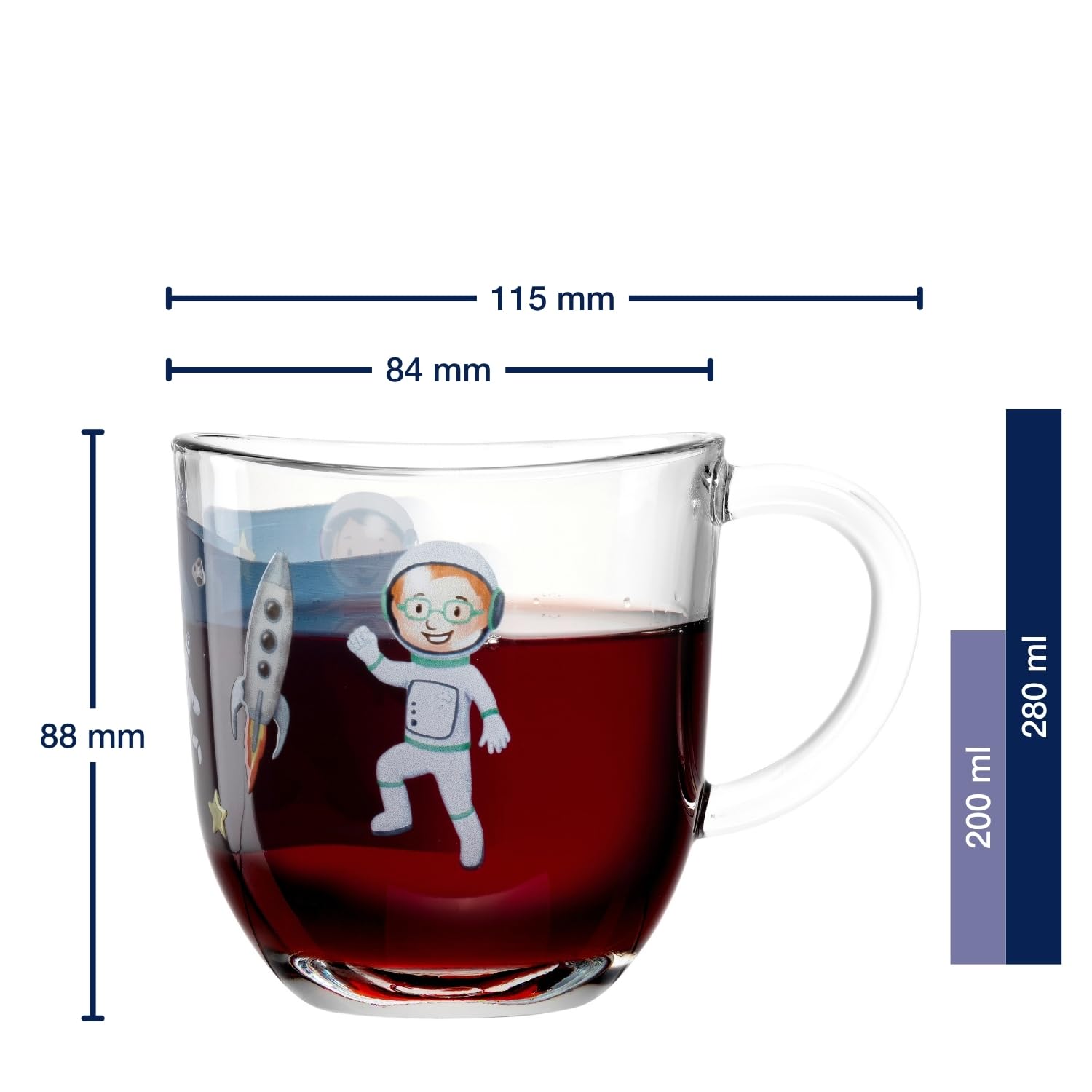 LEONARDO Bambini Avventura - Juego de 6 tazas infantiles con diseño de cristal de paredes gruesas, capacidad 280 ml, apto para lavavajillas, microondas, resistente, juego de 6 con diseño del espacio