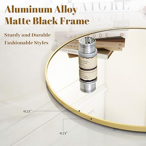 Miniatura 2 de VooBang Espejo redondo dorado, espejo circular de 24 pulgadas, espejo de pared redondo con marco de metal simple, espejo redondo moderno para colgar