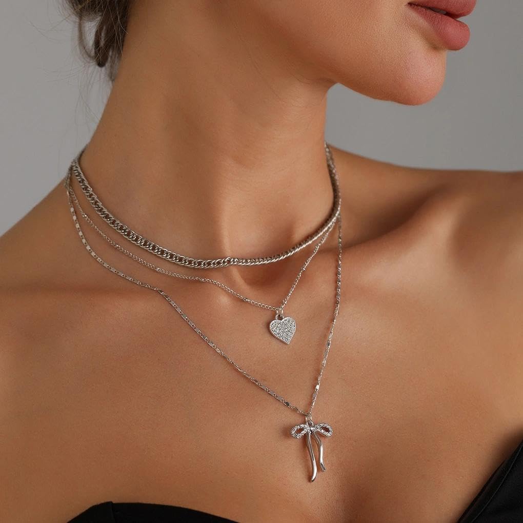Rrdaily Layered Zircon Heart Bow Pendant Necklaces for Women,Vintage Stackable Love Bowknot Cuban Chains Necklace,Charm Christmas Jewelry Accessories Gifts - Image 4