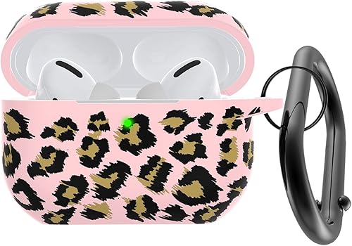 Funda protectora de silicona suave para Airpods Pro 2 con llavero, diseño de leopardo rosa y caqui