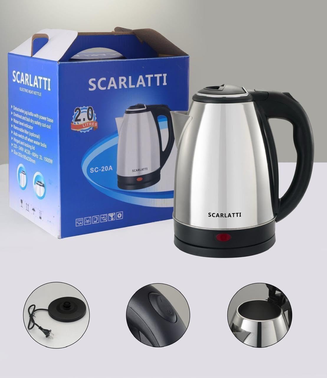2.0 Litre Electric Kettle, Stainless Steel Body, Fast Boil, Auto Shut-Off and Boil Dry Protection, Silver