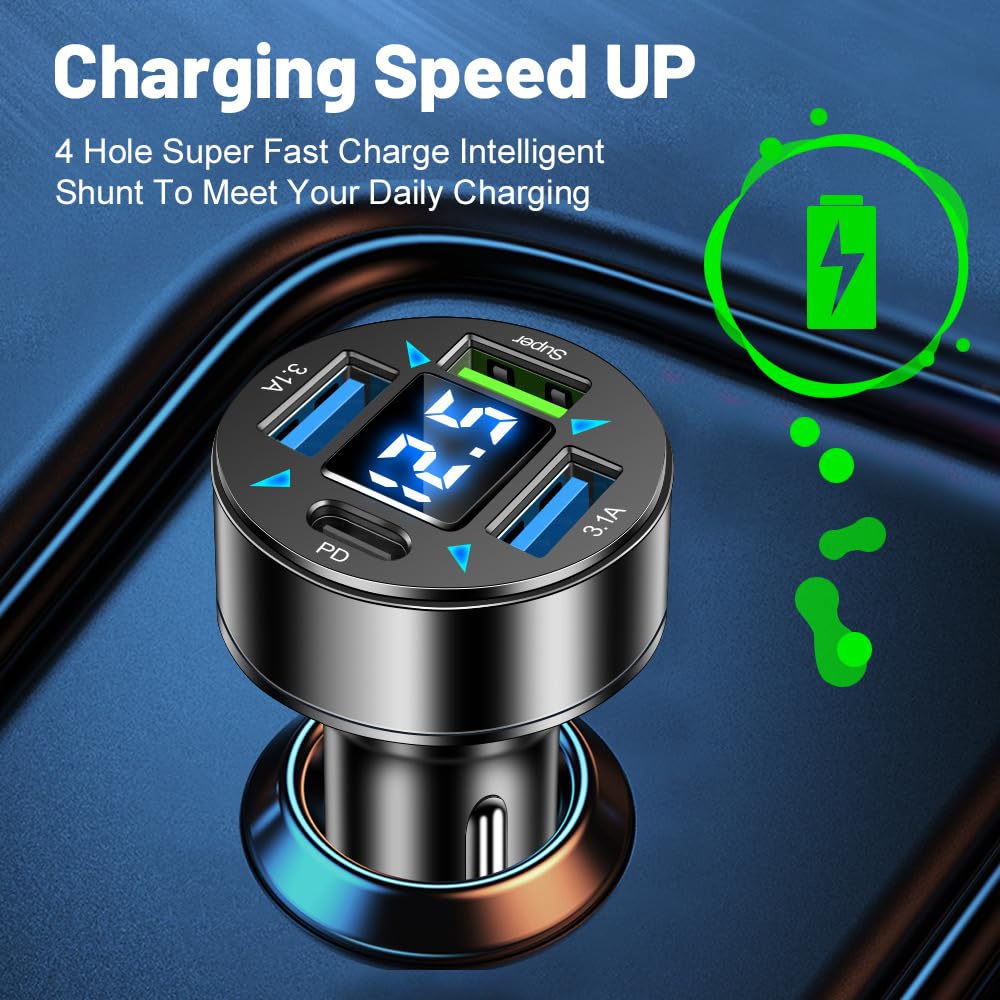 Alanph USB C Car Charger Adapter[ 3 Pack ], PD &QC3.0 Multi Port Fast Charging Cigarette Lighter USB Charger with Voltmeter, Compatible with iPhone, Android, Samsung, iPad Pro, and More