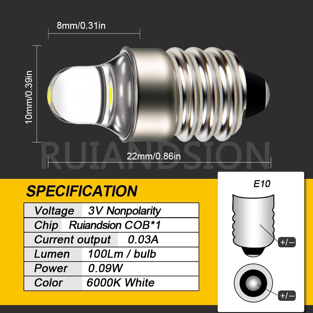 Ruiandsion 4pcs E10 LED Bulbs 3V 6000K White LED Bulbs for Torchlight Flashlight Torch Light,Non-Polarity