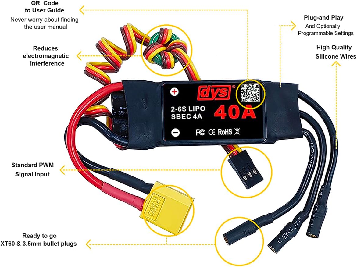 DYS 40A 2-6S Brushless ESC with 5V/4A SBEC with XT60 & 3.5mm Plug for RC Fixed-Wing Aircraft Helicopter