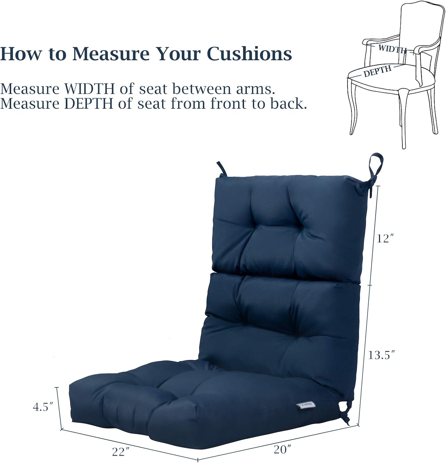 Giantex Tufted Outdoor Patio Chair Cushion 4.5", High Back Chair Cushion with 4 String Ties, Patio Seat Cushion for Swing Bench Wicker Seat Chair (Navy, 2)