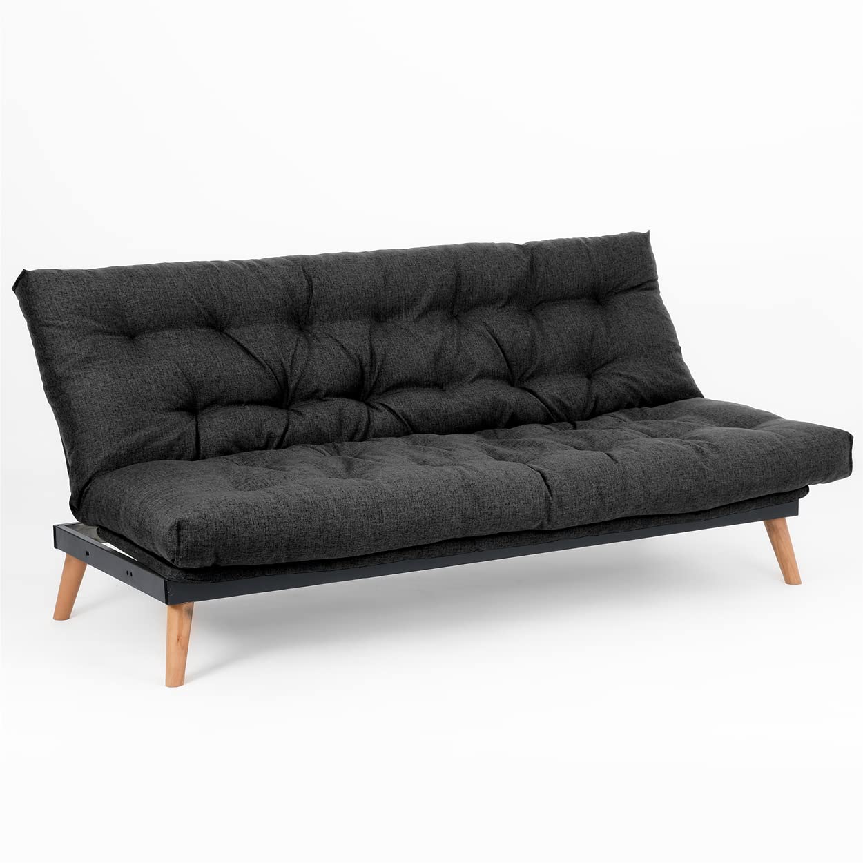 EVERGREENWEB Divano Letto 3 Posti con Materasso Futon Imbottito, Schienale e Testiera Reclinabile Clic Clac e Trasformabile in Comodo Letto una Piazza e Mezza, Tessuto Grigio Scuro Gambe in Legno SAKE