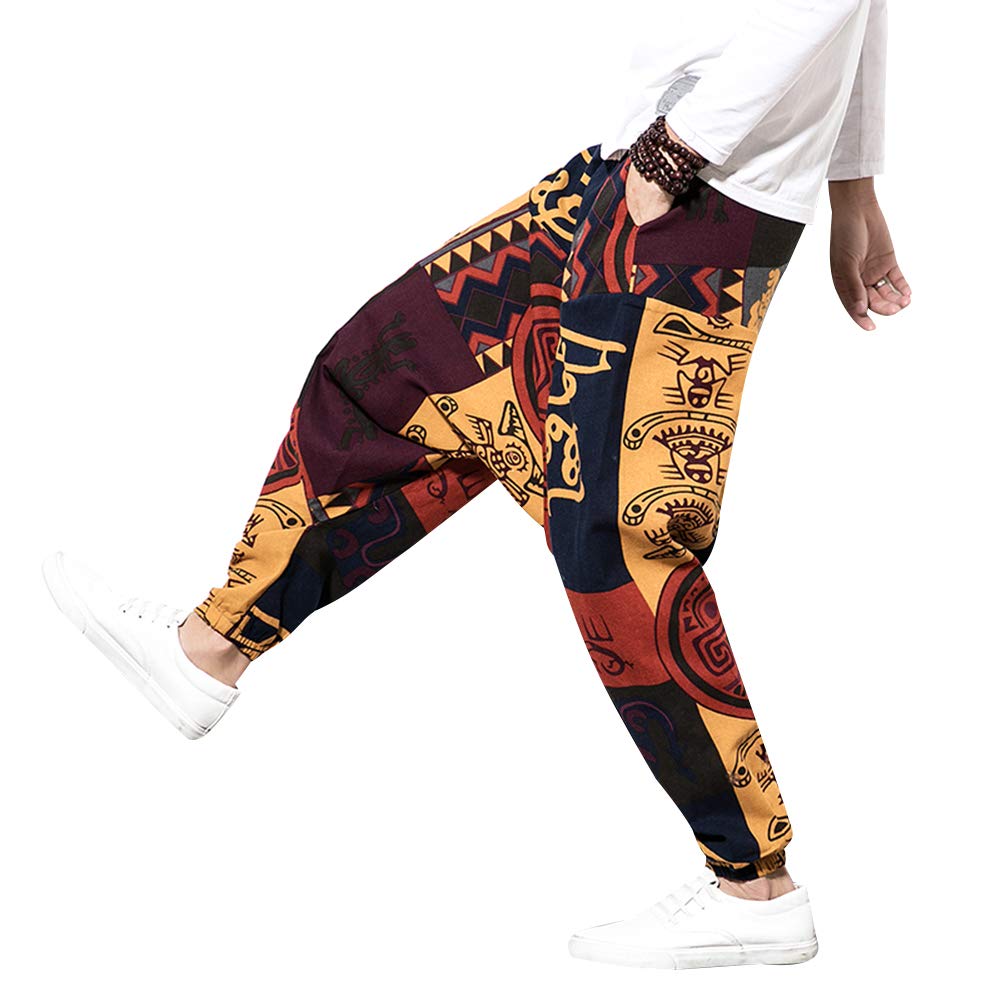 Pantalon sarouel hip-hop ample en lin pour homme - Pantalon de yoga Aladdin bohème - Pantalon bouffant - Entrejambe profond - Imprimé rétro - Pantalon avec poches