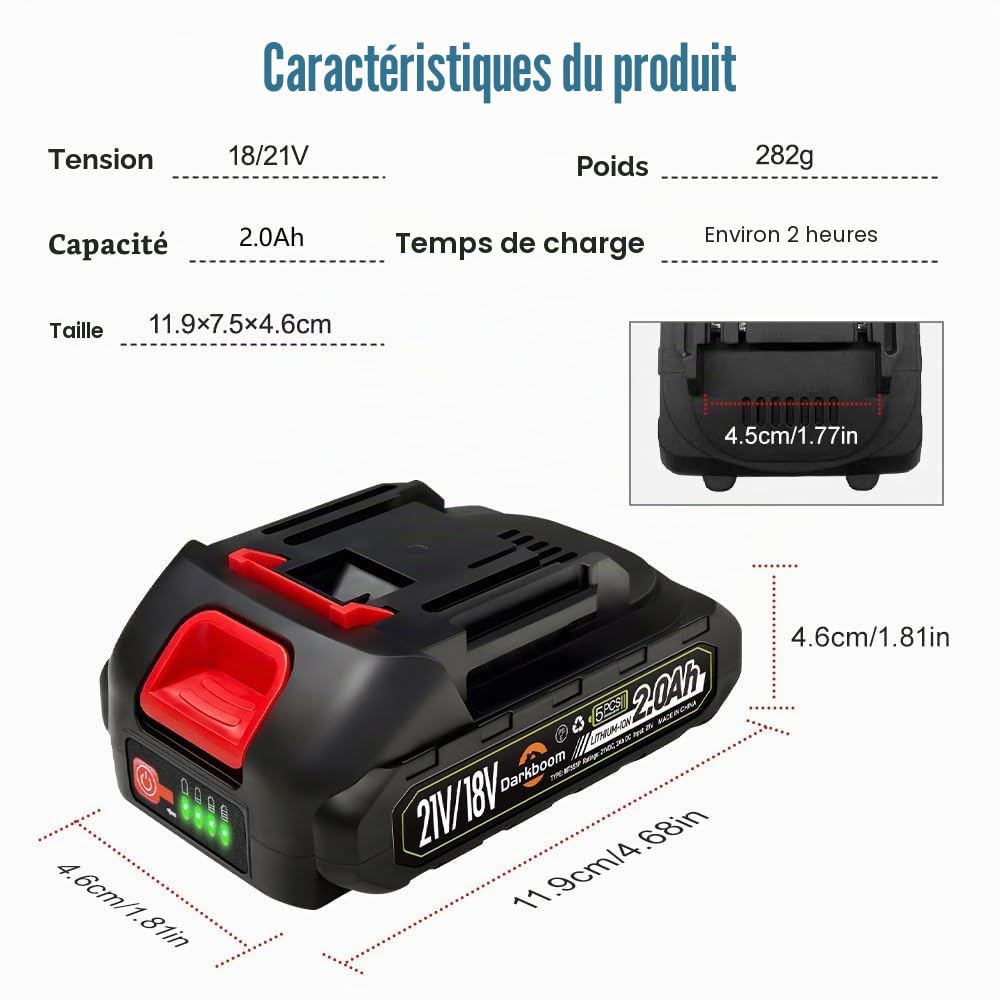 Lot de 2 batteries 21 V 2,0 Ah pour outil électrique, indicateur de charge, batteries pour taille-haie, tondeuse à gazon, souffleur, débroussailleuse, aspirateur, nettoyeur haute pression