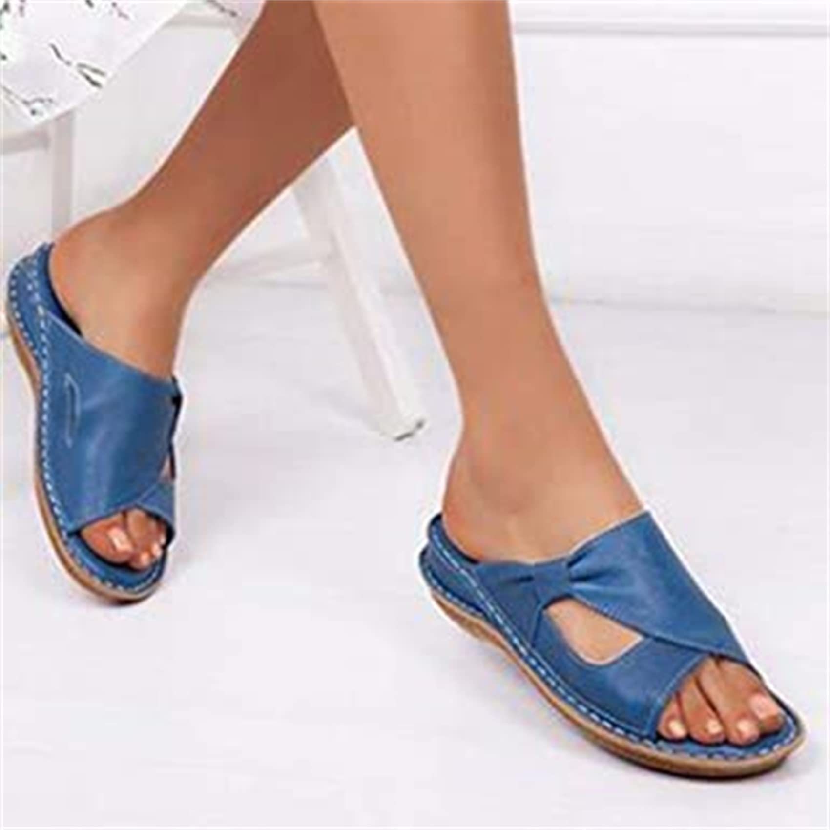 Luway Women's Blue Flat Bunion Sandals Comfy Platform Slippers Summer Sandal Shoes Leather Wedge Mules Post Toe Flip Flop Slippers Orthotic Sandals With Arch Support,,Us6/Eu37