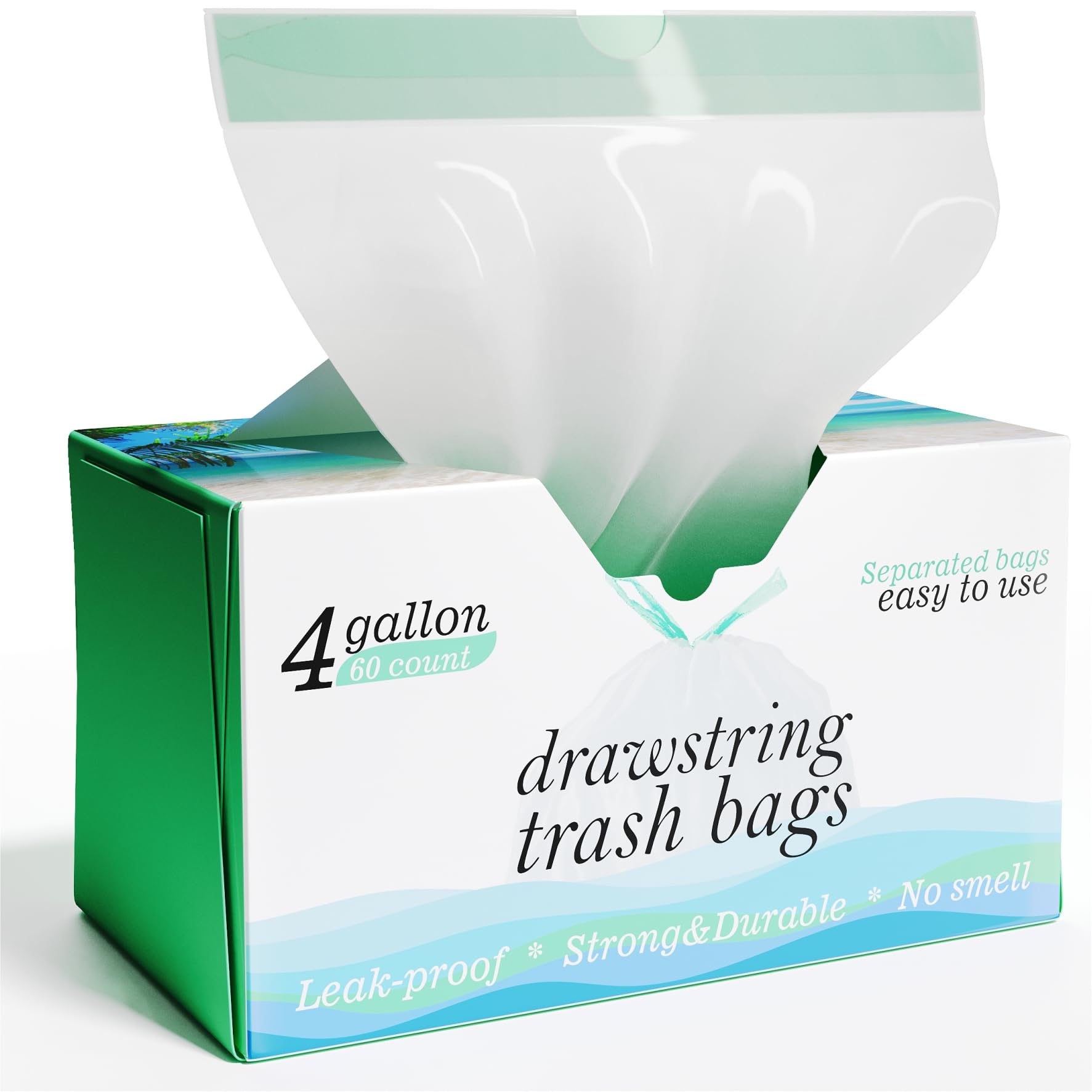 Bolsas de basura con cordón de 4 galones – 0.5 mil de fuerza – Bolsas de basura pequeñas – para oficina, baño, cocina – Individual, sin perfume, blanco, 19 x 19 pulgadas, 60 unidades