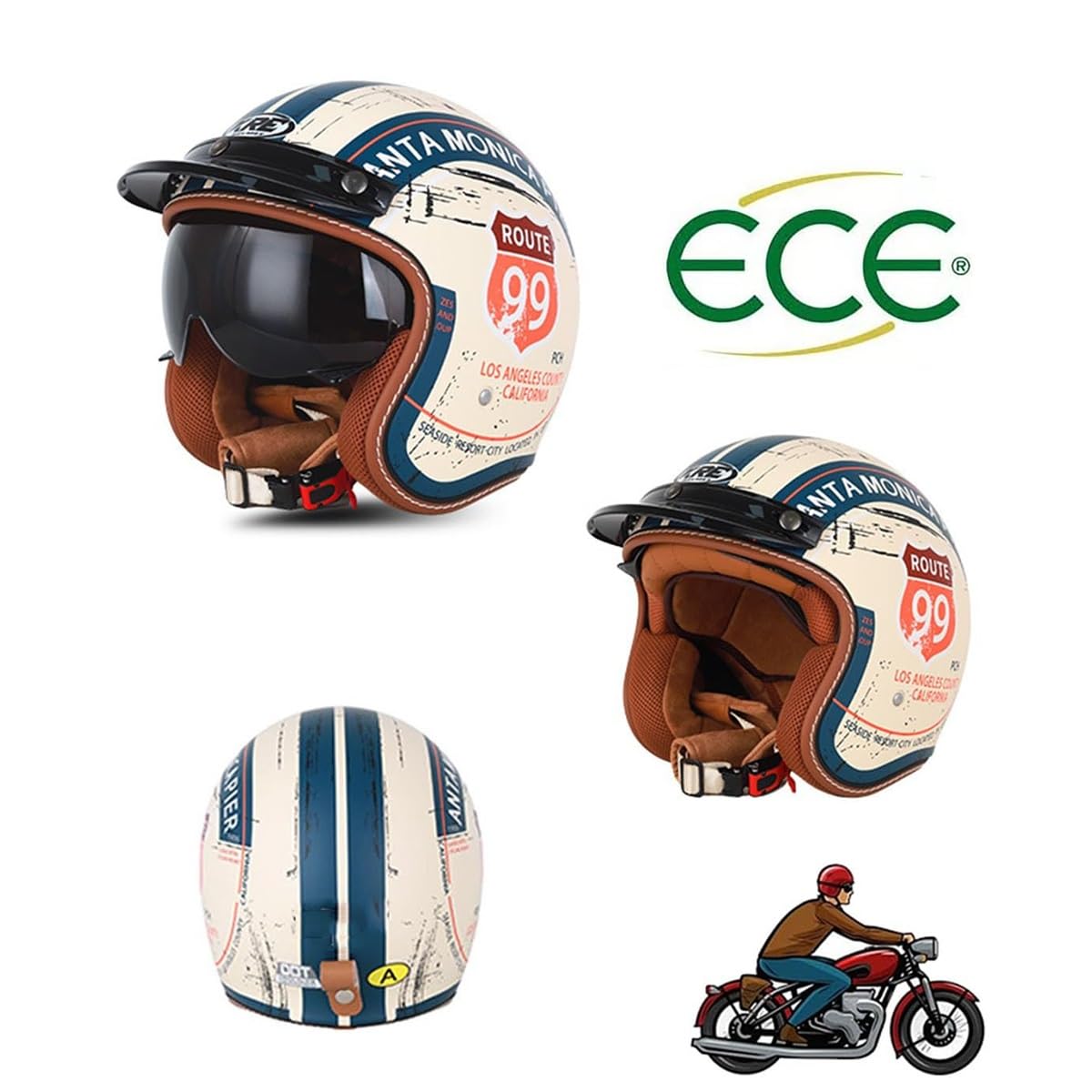 Otwarty Kask Motocyklowy Jet 3/4 Vintage z Homologacją ECE i Blendą, Zmywalna Wyściółka Szybkie Zapięcie na Skuter Motorower Cafe Racer Custom Cruiser