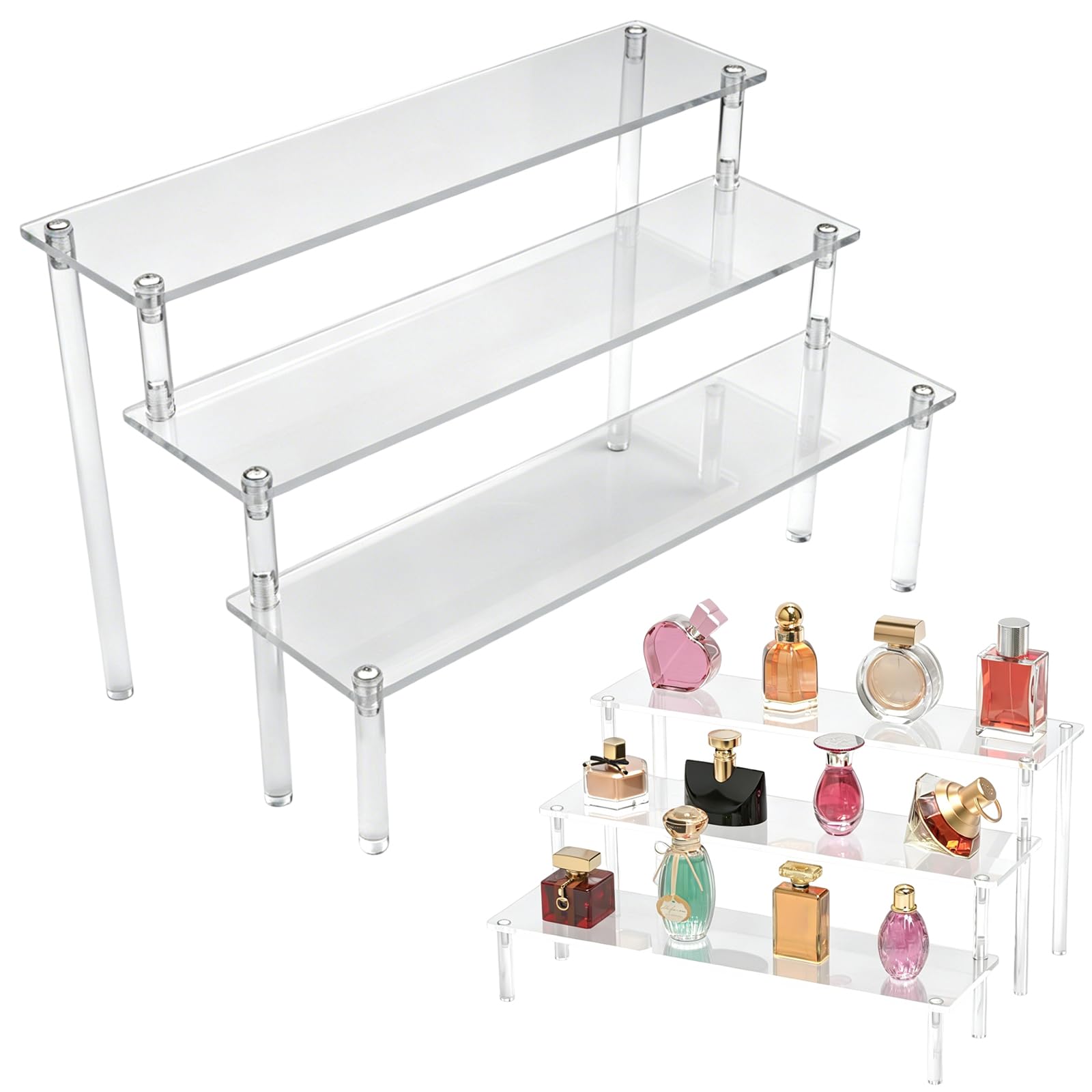 ZYNERY 2 Pack 3 Tier Clear Acrylic Display Stand, Acrylic Retail Riser Shelves for Figures, Nail Polish, Cupcake, Dessert, Perfume, Cosmetic, Jewelry and Collections