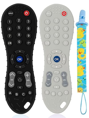 Paquete de 2 juguetes de dentición para bebés de 0 a 6 a 12 meses con forma de control remoto de silicona con clip para chupete juguetes masticables