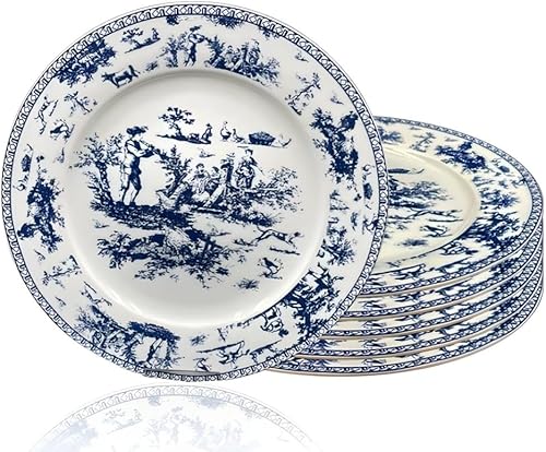 W&S CLASSICS Platos redondos clásicos franceses de lujo Platos planos de cerámica coloridos de 10.5 pulgadas Juego de 6 Platos grandes para