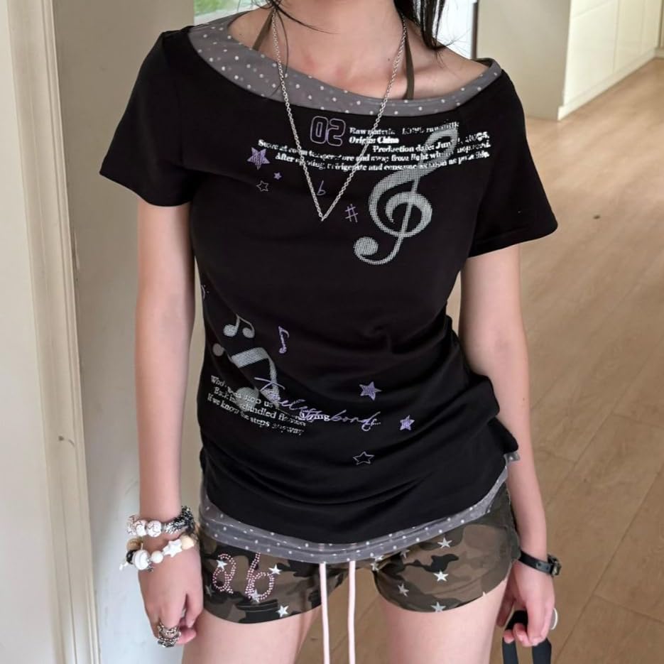 Image of Kawaii Cutecore Harajuku Y2k 2000s Tops Summer Preppy Aesthetic Alt Goth Emo Short Sleeve Graphic Tees