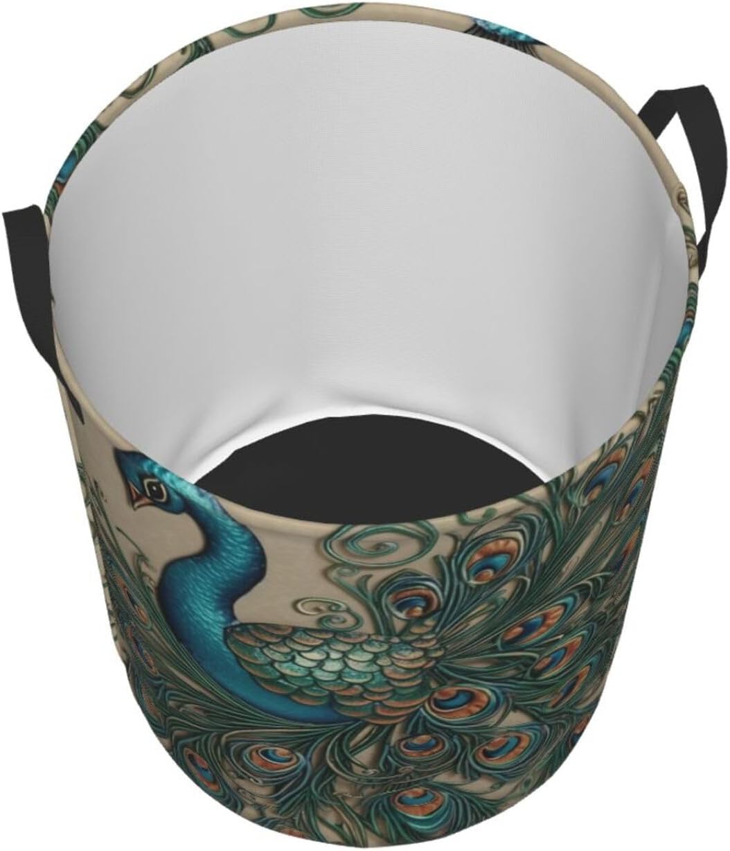 Peacock pattern Laundry Basket With Handles, Foldable Laundry Hamper Oxford Cloth Dirty Clothes Basket Waterproof Clothes Toys Storage Bin Organizer for Bedroom Bathroom Dorm