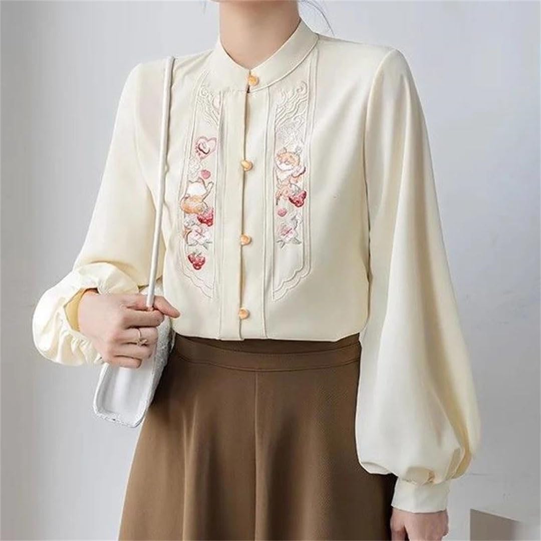 Camisa de manga larga con cuello redondo para mujer, bordada, con botones, vintage, elegante