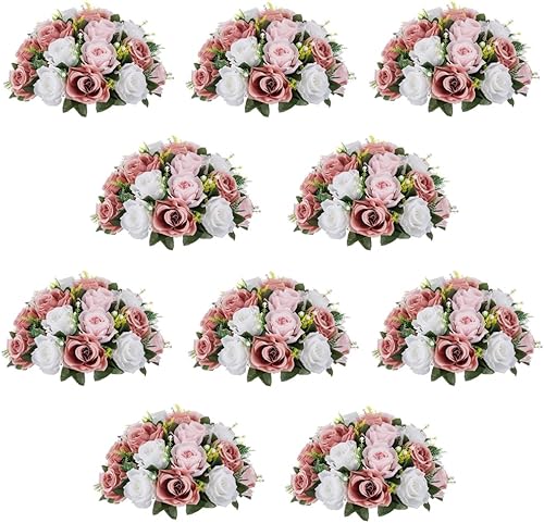 Esferas de flores para centros de mesa, rosas de boda, 10 bolas de rosas artificiales con base, bola de flores falsas de rosa polvorienta, bola de