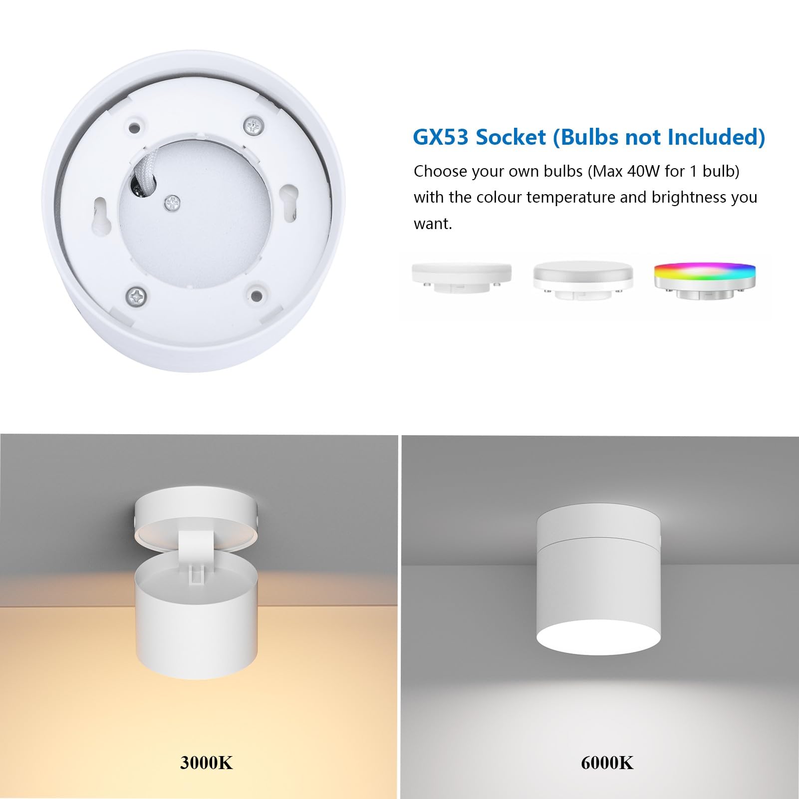Klighten 2 Pezzi Faretti da Soffitto Orientabili, Attacco GX53, Faretto da Cilindro in Alluminio, Rotondo Faretto Superficie Moderna, 81 x 79 mm, Lampadina non Inclusa, Bianco