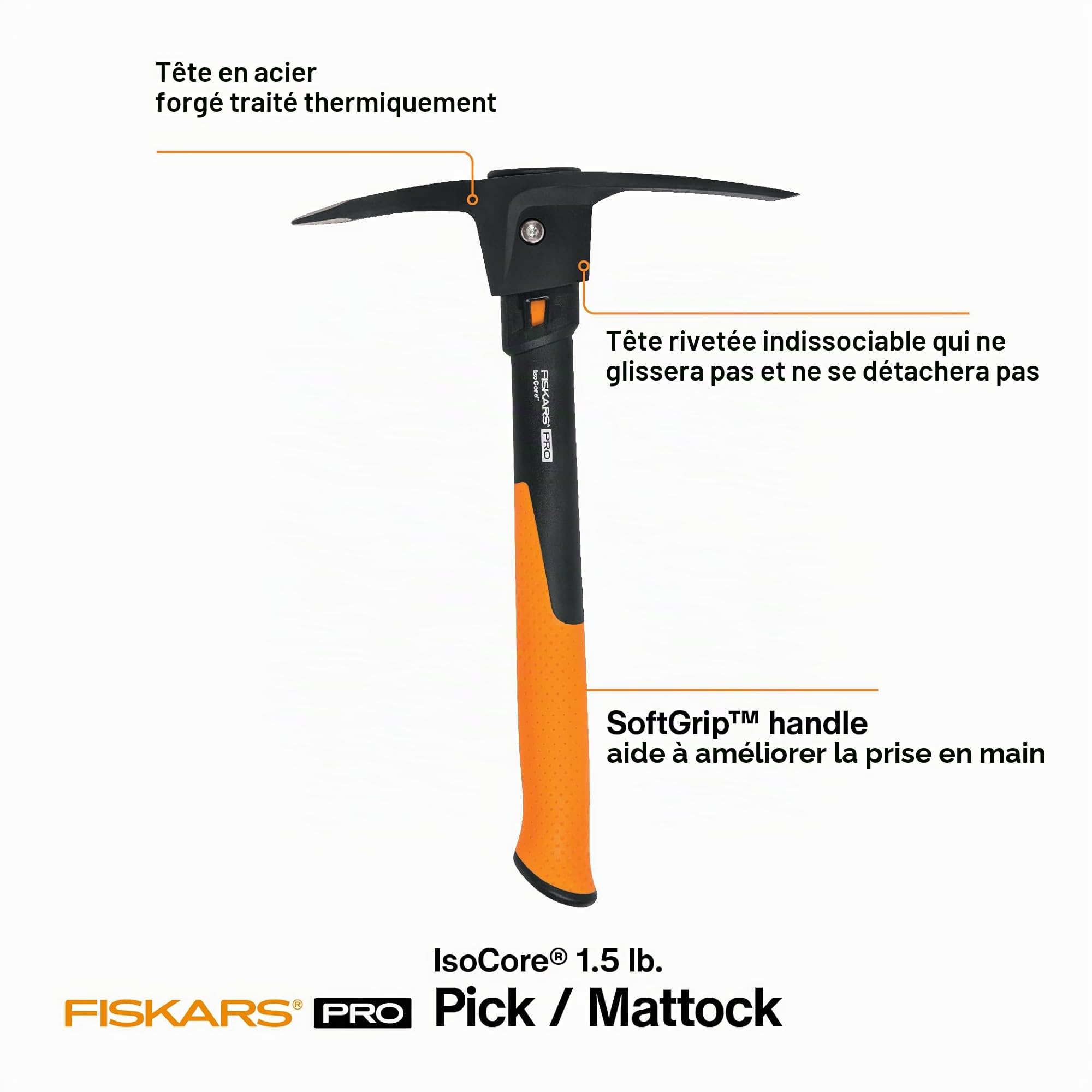 Fiskars 751220-1001 Pro IsoCore Pick/Mattock, 0,7 kg, Orange/Schwarz