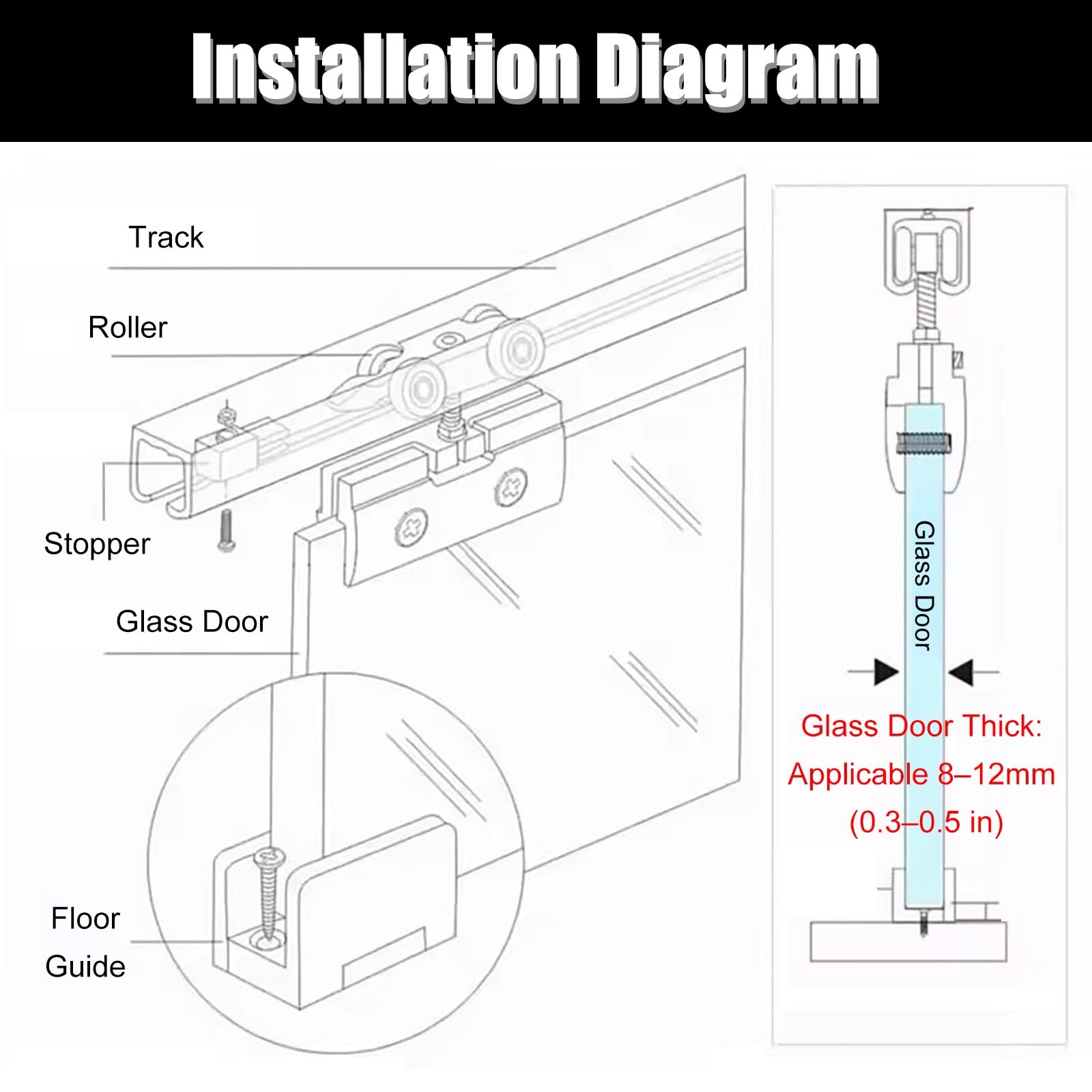 Kit de reemplazo de riel para Puerta corrediza de Vidrio de Alta Resistencia: Sistema de riel de 165 Pulgadas para una fácil instalación, Funcionamiento Suave y Ajuste Seguro. Acabado Negro