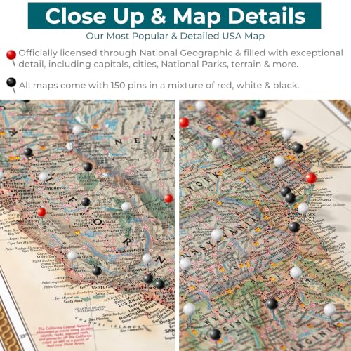 Image of Executive USA Push Pin Map - Detailed National Geographic Travel Tracker - Modern Frameless Canvas Wall Art- Gallery Wrap - 24 inch x 36 inch