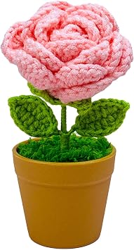 MSUIINT Crochet Rose Flower Bouquet, Handmade Crocheted Small Potted Plant Ornament, Small Potted Plant Ornament, Simulation Flower for Birthday Festival GiftMelon Punch Pink