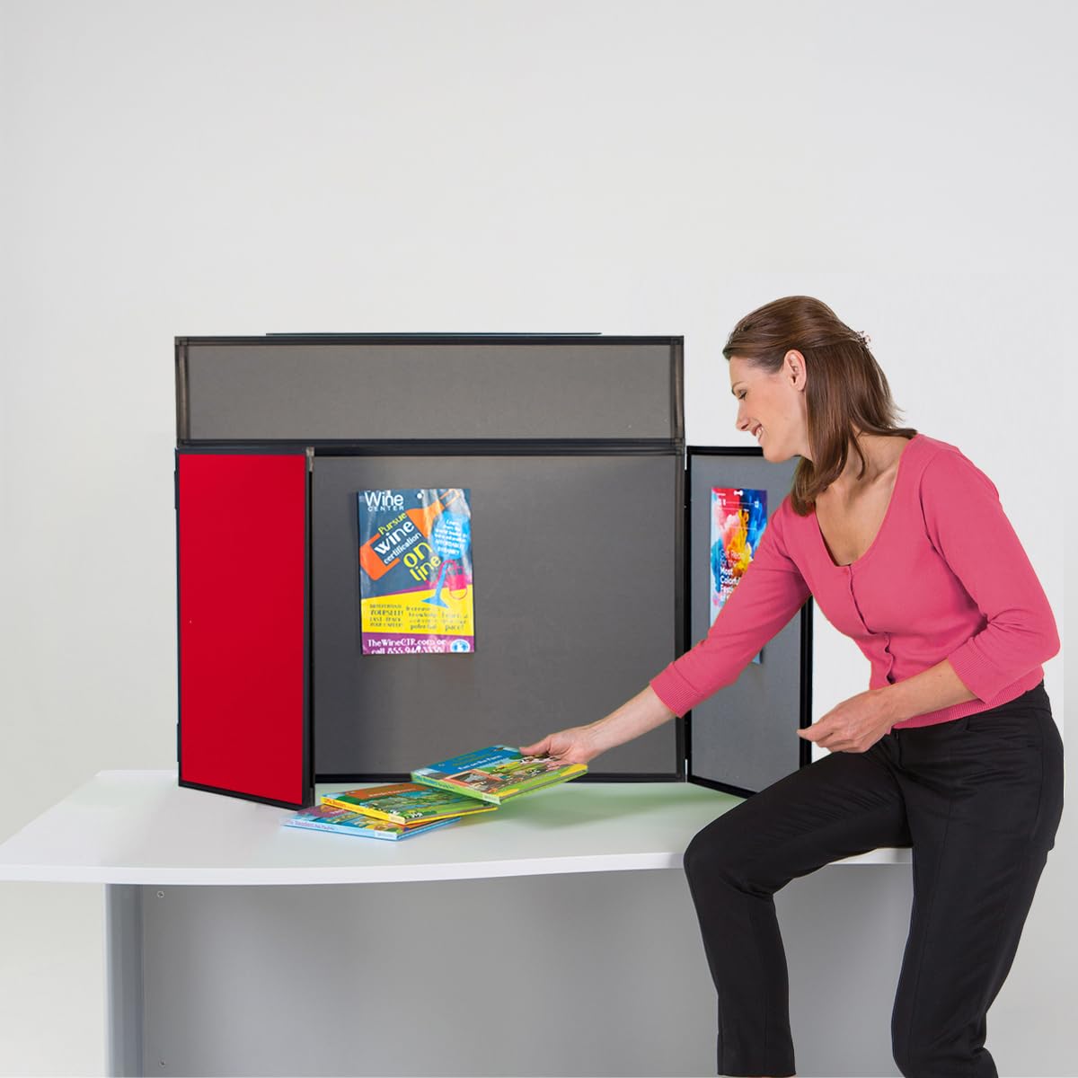 Exhibition Display Panel Kit with a Clip on Header | Double-Sided Cherry Red/Dove Grey with Black PVC Frame | Ideal for Table or Desk top displays | Great for Healthcare & Education (Landscape)