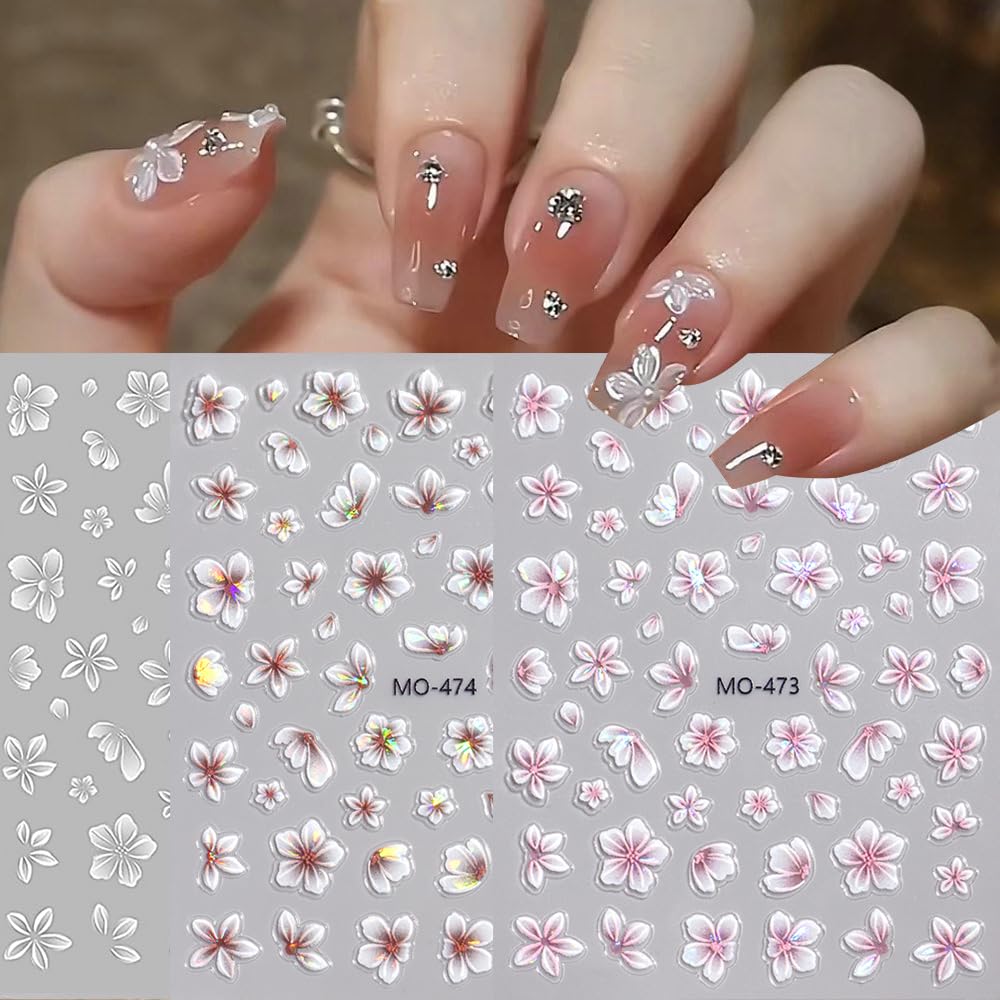 Flower Nail Stickers, Blossom Flower Nail Decals 3D Embossed White Pink Grey Blossom Small Floral Pattern Spring Summer Nail Design Manicure