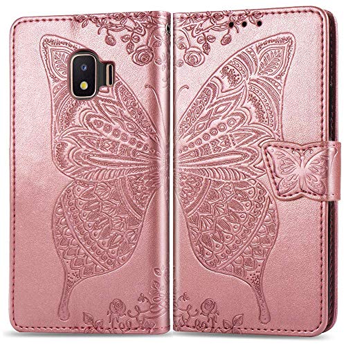 XYX Wallet Case for Galaxy J2 Core,[3D Butterfly Flower] PU Leather Folio Case with Kickstand Magnetic Closure Protective Cover for Samsung Galaxy J2 Core/J2 Dash/J2 Pure/J2 2019 (Rose Gold)