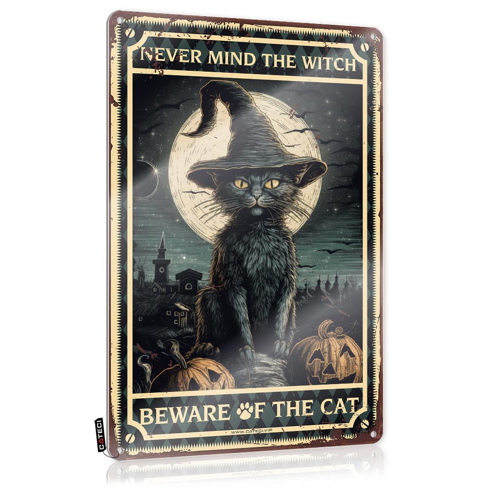 Black Cat Decor Never Mind The Witch Beware Of The Cat Tin Sign Funny Tin Signshippie Bathroom Decortrippy Bathroom Decorhippie Gifts For Women (Color : Colour, Size : 20X30CM)