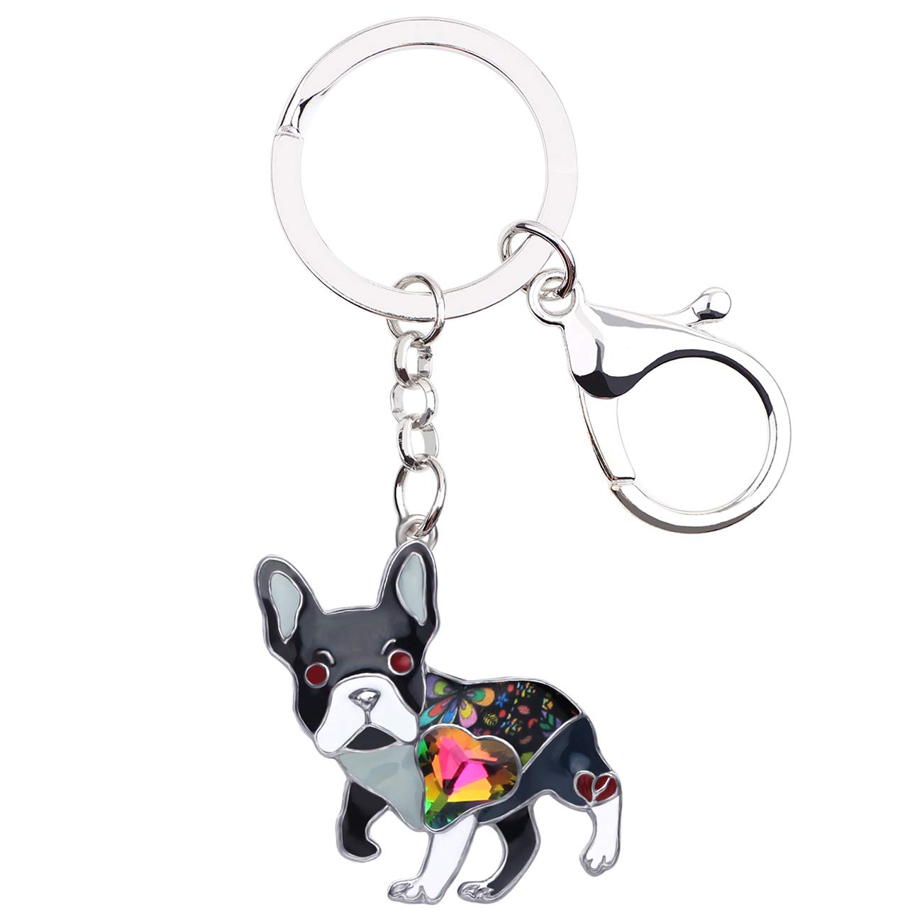 BONSNY Enamel Metal Heart Rhinestone French Bulldog Key Chains For Women Kids Car Purse bag Rings Charms Pets Gift (Black)