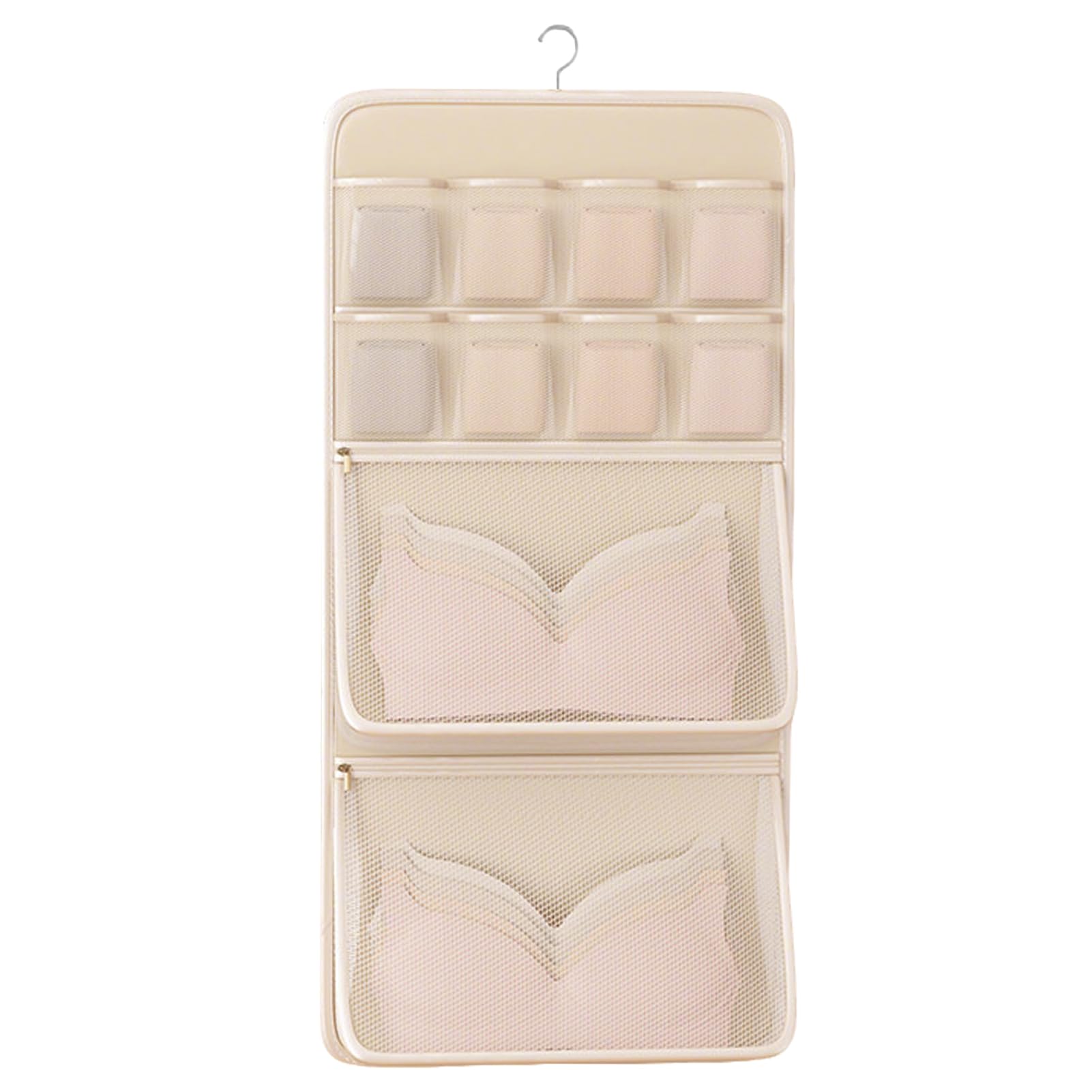 HonorHut Mesh Hanging Storage Bag Wardrobe Organiser Multi Layer Mesh Pockets for Bra Underwear Socks Beige