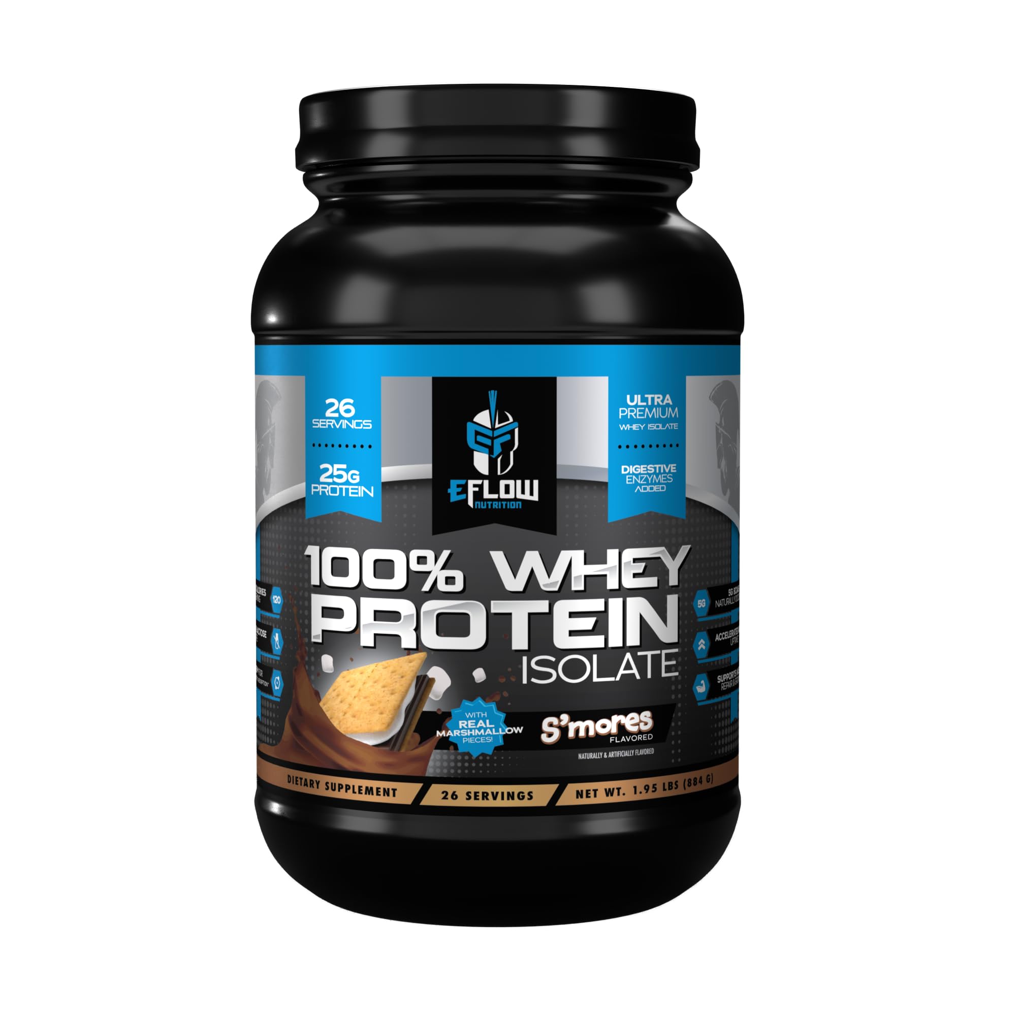 eFlow Nutrition 100% Whey Protein Isolate - Gluten & Lactose-Free Digestive Enzymes Added, Low Carb, Post Workout Shake, Fast Digesting for Optimal Muscle Recovery - S'Mores (26 Servings)