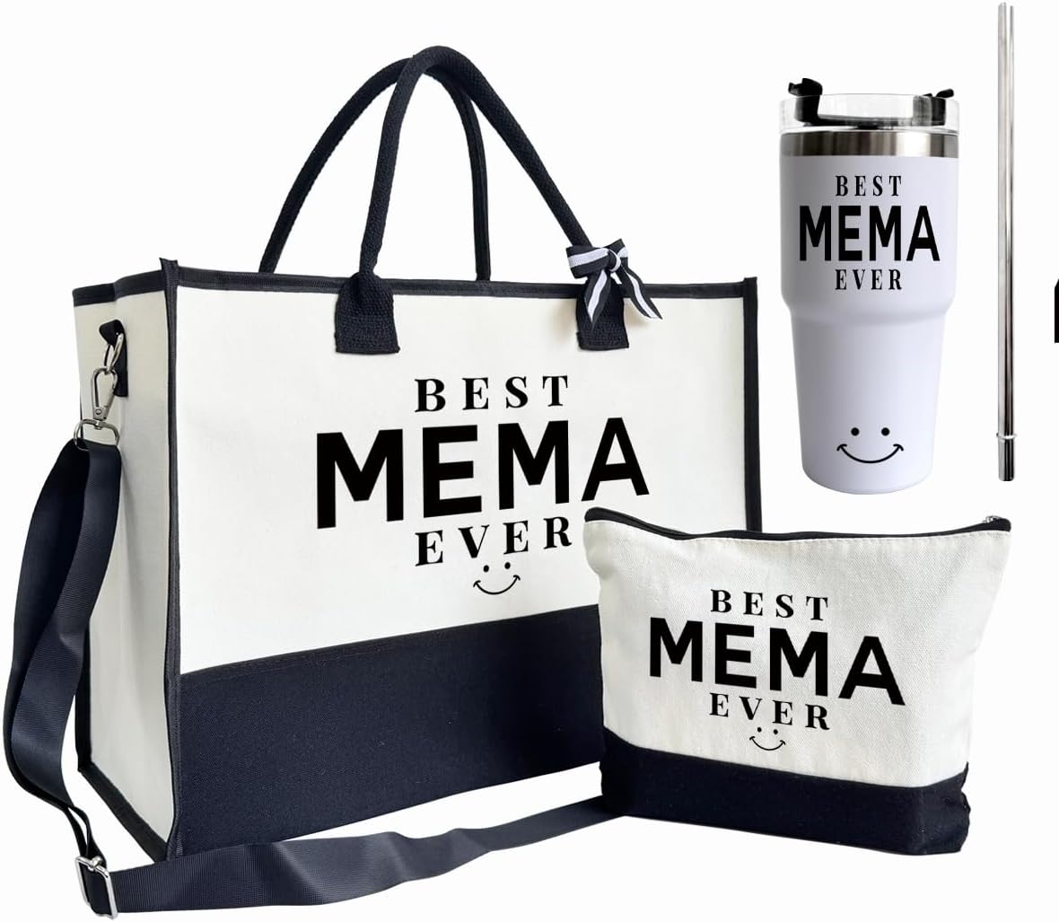 Canvas Tote Bag for Women, 20 oz Stainless Steel Water Cup, Best Mema Ever Tote Bag, Shoulder Beach Bag, Travel Bag Gifts for Mema, Canvas Tote Bag With Zipper, Mothers Day Birthday Christmas Gift