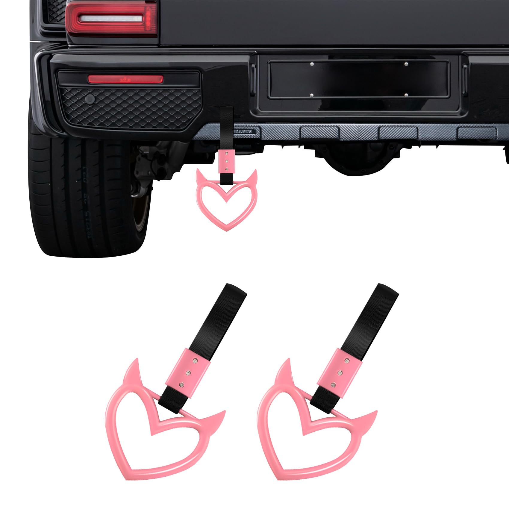 2PCS Devil Heart Handle Ring, Heart Hand Strap Drift Charm, Cute Heart-Shaped Warning Loops, Easy Installation Rear Bumper Warning Ring Decor, Interior Decoration for Car (Pink)