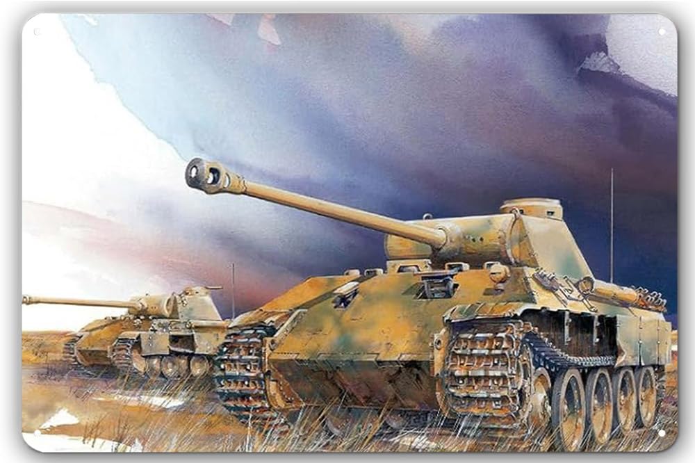 8x12 in Military Tank Tin Sign - WWII Tank Ink Painting Collection - Army Vehicle Wall Decor