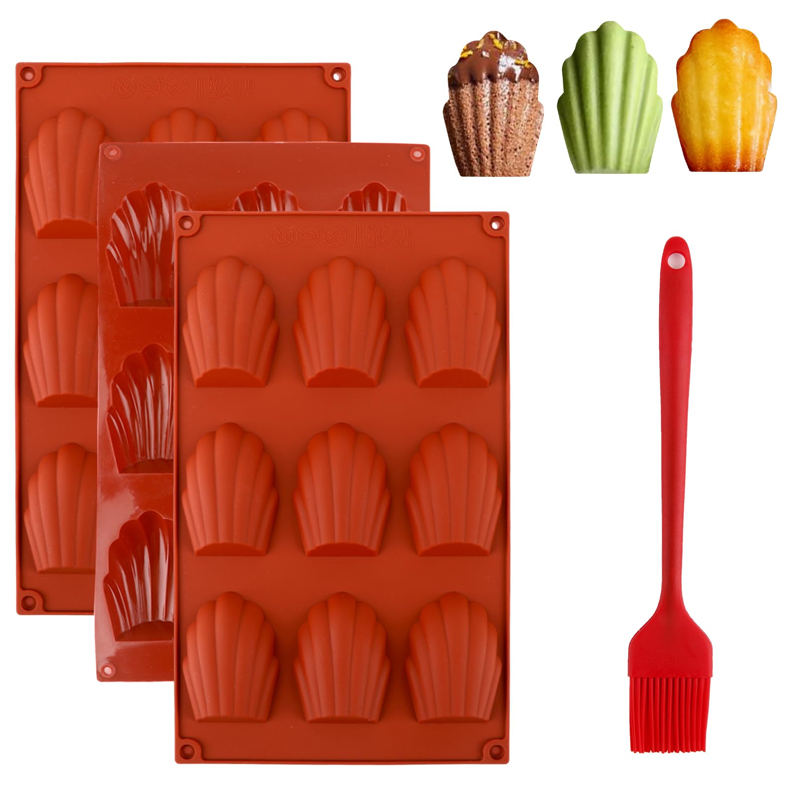 Set of 3 Madeleines Baking Tray, 9 Cavities Silicone Madeleine Moulds Non-Stick Scallop Shells Shape Madeleine Baking Mould with Brush for Jelly, Biscuits, Cake, Chocolate, Candy Brick Red