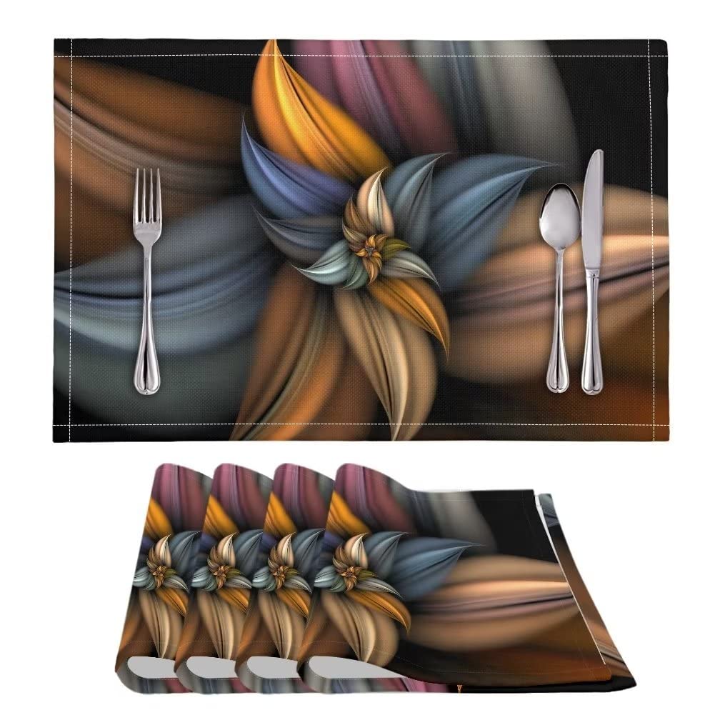 NETILGEN 4 PCS Washable Tablemats for Home Farmhouse Beach, Easy to Clean Foldable Heat Resistant PVC Weave Rectangle Table Mats, Brown Fashion Flower