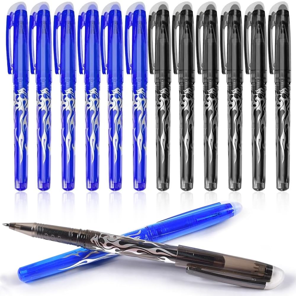 Puedno 12pcs Erasable Pens, 0.5 mm Rub Out Pens, 6 Black 6 Blue Friction Pen, Erasable Gel Ink Eraser Pens with Rubber on the End for School Office