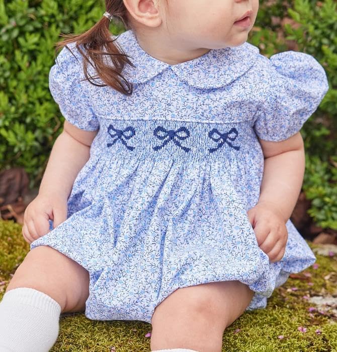 Newborn Baby Girl Romper Bow Embroidery Peter Pan Collar Short Sleeve Bubble Bodysuit Summer Clothes (Blue, 6-12 Months) - Image 2