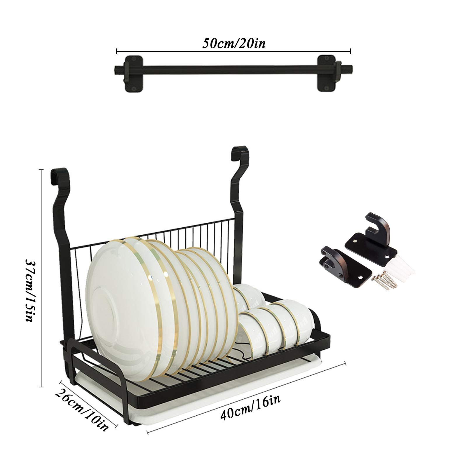 Escurridor de platos plegable de pared negro con lavabo extraíble, capacidad de 60 kg, resistente y duradero, de acero inoxidable de alta calidad, con ganchos para colgar