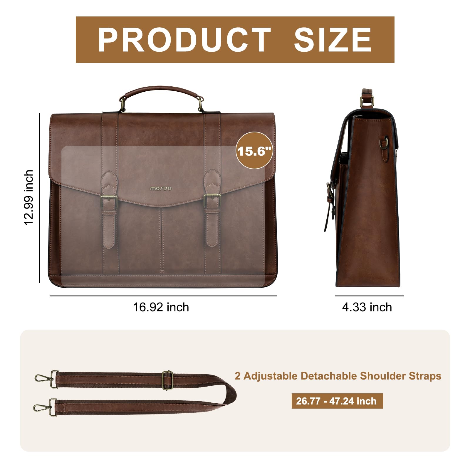 MOSISO Laptoptasche Herren, 15,6 Zoll PU Leder Aktentasche Arbeitstasche