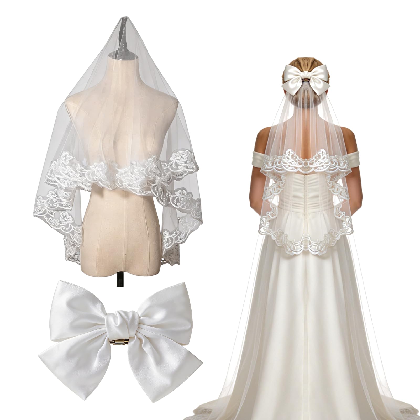 Thhiit Wedding Veil for Bride, Floral Edge White Lace Veil with Bow for Hen Party Bridals Shower Bachelorette Hen Night
