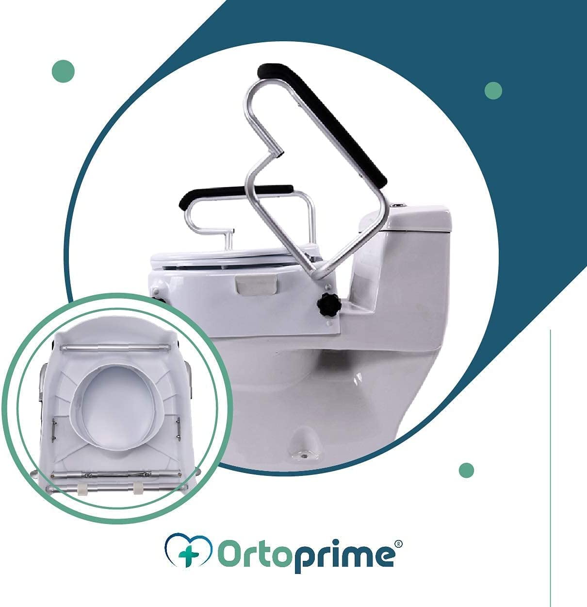 OrtoPrime Rialzo WC Inclinabile con Braccioli Pieghevoli - Altezza Regolabile 5, 10 e 15 Centimetri - Alza WC con Coperchio - Alzatore del WC Portatile