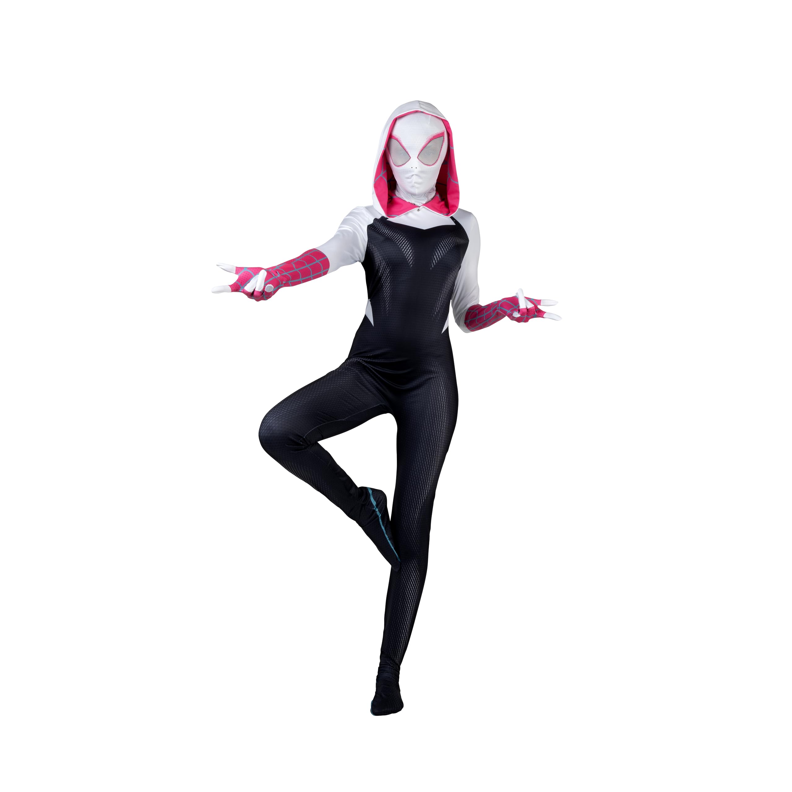 MARVEL Spider-Gwen Official Adult Zentai Halloween Costume - Hooded Spandex Jumpsuit with Printed Design and Pull On Mask