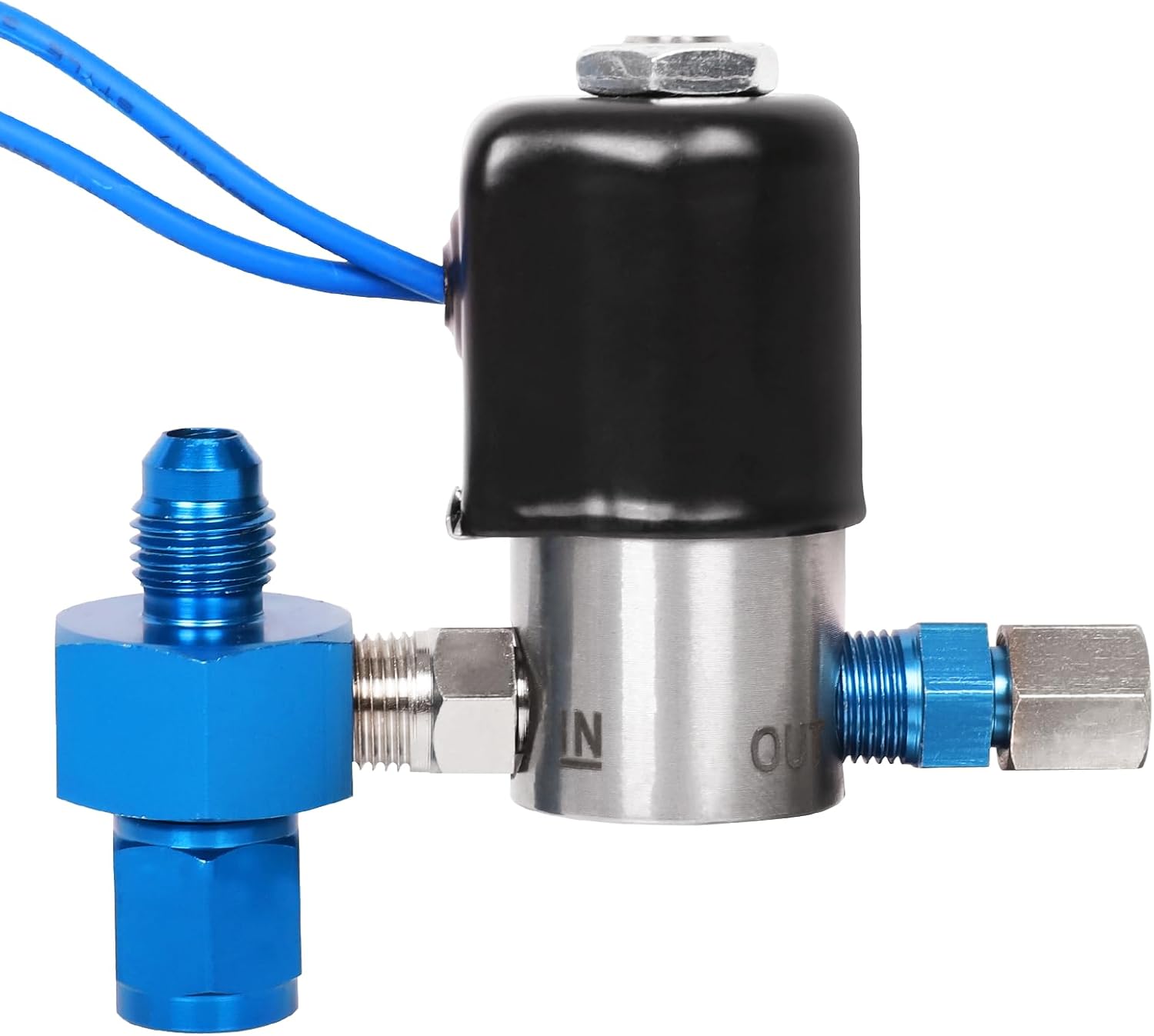 1/8" NPT Stainless Steel Electric Solenoid Valve for Nitrogen Gas，12V DC, 1250 PSI (8.5MPa) Working Pressure, 0.078" (1.98mm) Orifice, PTFE Sealed, Blue Wires, 2-Way Normally Closed