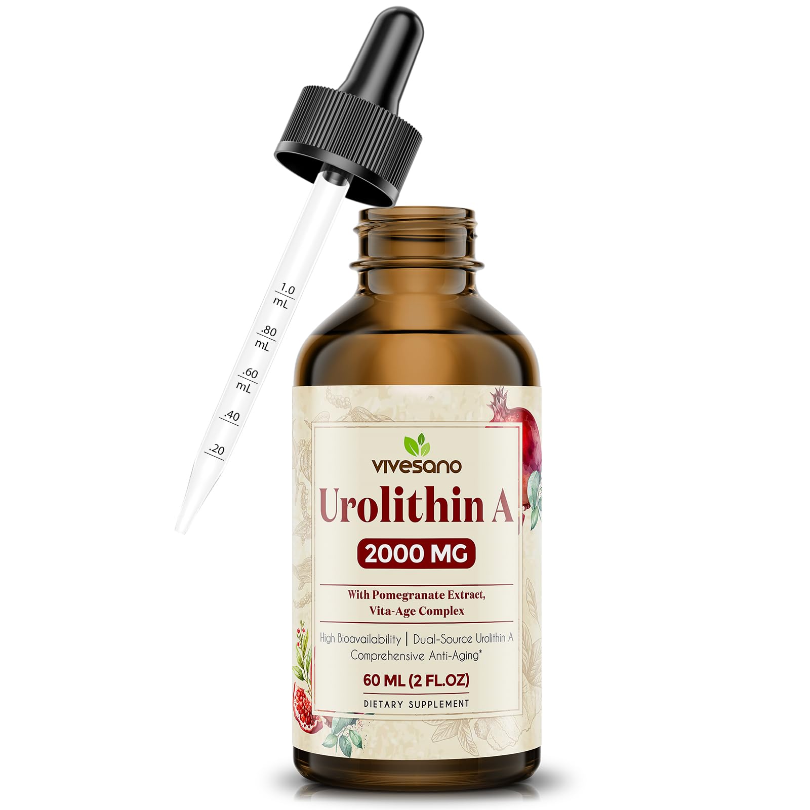 Urolithin A Supplement - Urolithin A 2000mg Liquid Drops - Dual-Source Formula with Pomegranate Extract, Vitamin C, Collagen & Resveratrol - Fast Absorption for Healthy Aging - 60ml (2 Fl Oz)