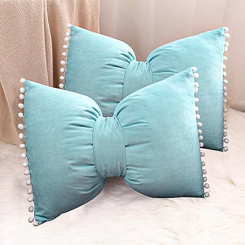 Miniatura 8 de Juego de 2 fundas de almohada decorativas de 14 x 20 pulgadas con pompones, fundas de almohada lumbares y exteriores de terciopelo con lazo para